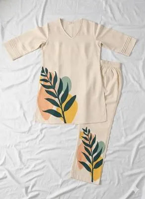 2 Pcs Women's Stitched Linen Printed Shirt And Trouser