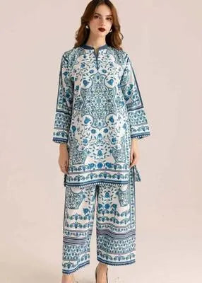 2 Pcs Women's Stitched Swiss Lawn Printed Shirt And Trouser