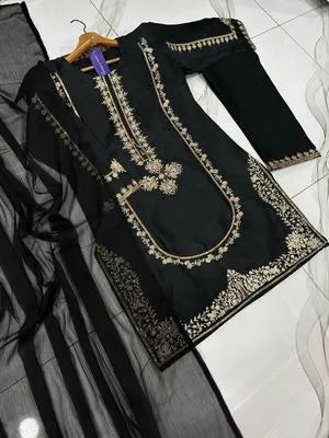 3 Pcs Women's Stitched Shamoz Silk Embroidered Suit