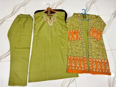 3 Pcs Women's Stitched Cotton Embroidered Gown Suit