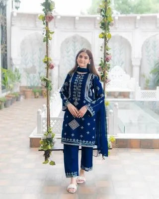 3 Pcs Women's Stitched Cotton Sequins Embroidered Suit
