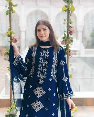 3 Pcs Women's Stitched Cotton Sequins Embroidered Suit