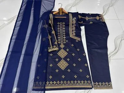 3 Pcs Women's Stitched Cotton Sequins Embroidered Suit