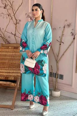Women Printed Silk Shirt & Trouser Set Blue Party Wear