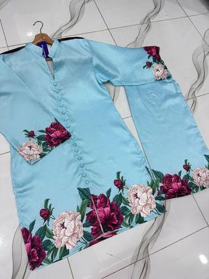 Women Printed Silk Shirt & Trouser Set Blue Party Wear