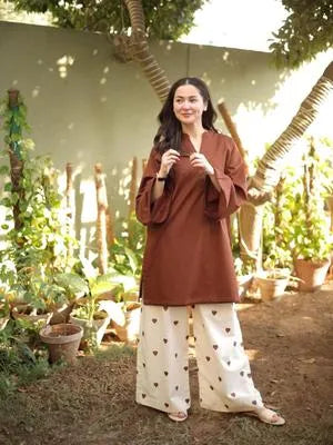 2 Pcs Women's Stitched Cotton Plain Shirt And Trouser