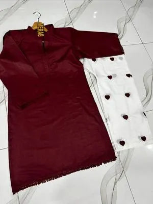 2 Pcs Women's Stitched Cotton Plain Shirt And Trouser