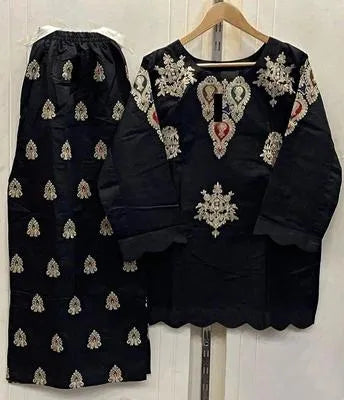Black Cotton Embroidered 2Pcs Set with Border & Sleeves