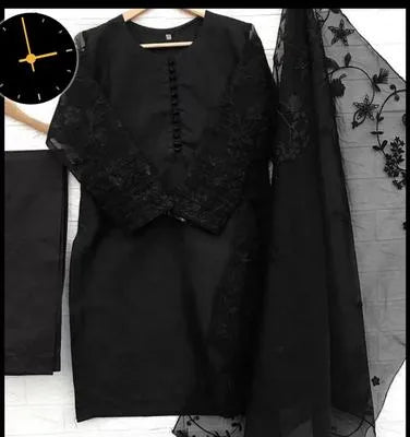 3 Pcs Women's Stitched Organza Embroidered Suit