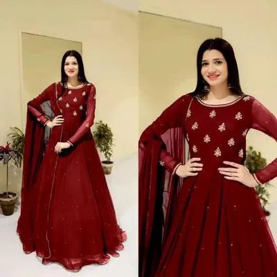 3 Pcs Women's Stitched Chiffon Embroidered Maxi And Trouser