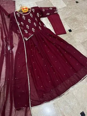 3 Pcs Women's Stitched Chiffon Embroidered Maxi And Trouser