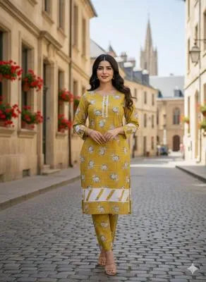 Stylish Women's Stitched Printed Shirt and Trouser Set - 2 Pcs - Yellow