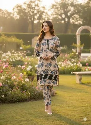Stylish Women's Stitched Printed Shirt and Trouser Set - 2 Pcs in Crystal Wool and Cotton