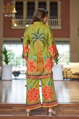 2 Pcs Women's Stitched Wool Digital Print Shirt And Trouser