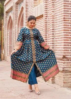 Stylish Women Silk Printed Frock & Trouser Set Blue