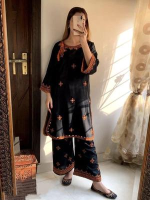 2 Pcs Women's Stitched Linen Embroidered Shirt And Trouser